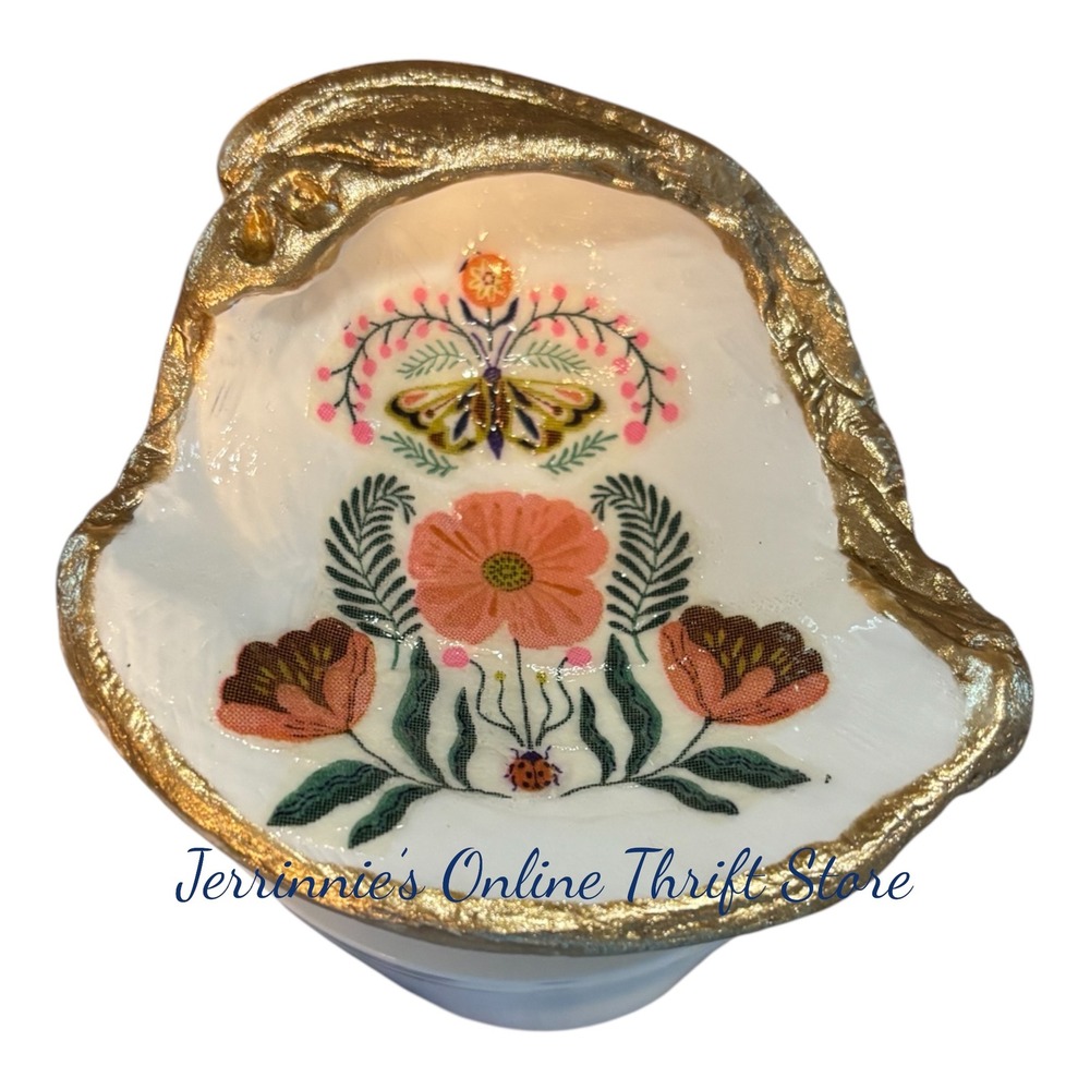 Handmade Oyster Shell Trinket Dish Gold Gilded Butterfly Floral Pearl Feet Boho